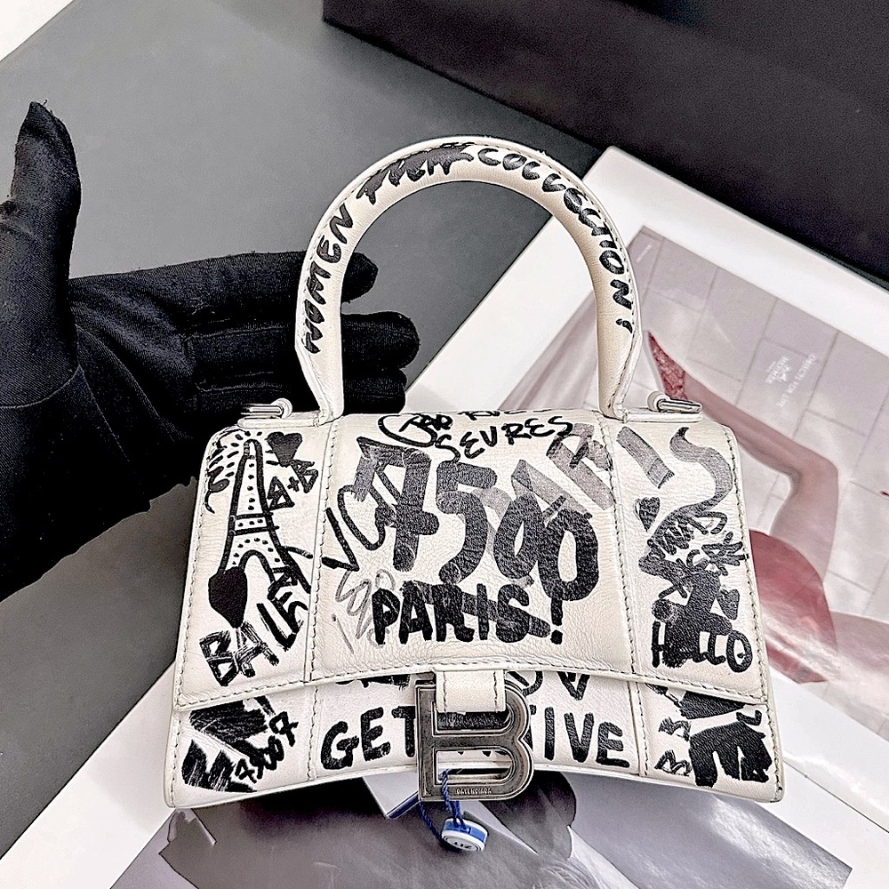 Authentic Balgencia  calfskin Graffiti Hourglass handle bag mini